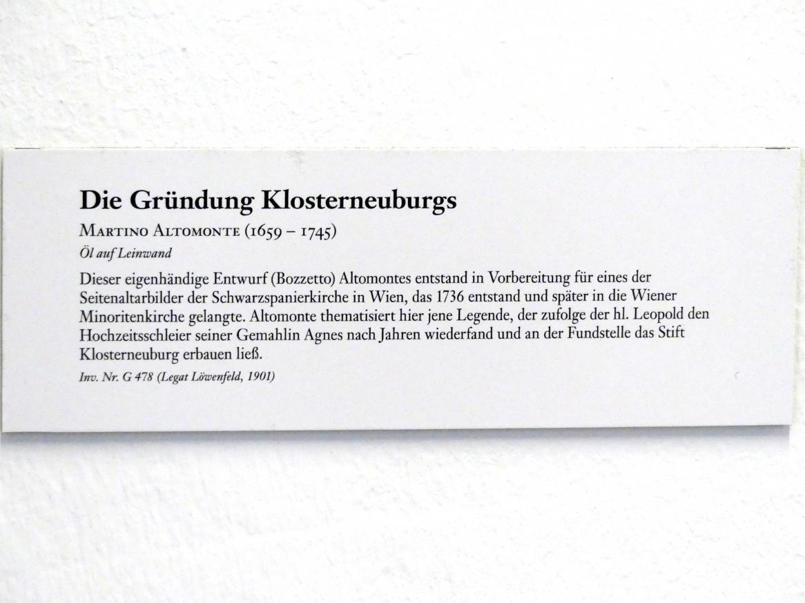 Martino Altomonte (1709–1735), Die Gründung Klosterneuburgs, Wien, Benediktiner-Abteikirche Unserer Lieben Frau von Monte Serrato (Schwarzspanierkirche), jetzt Linz, Oberösterreichisches Landesmuseum, Welt der Männer - Welt der Frauen, vor 1736, Bild 2/2