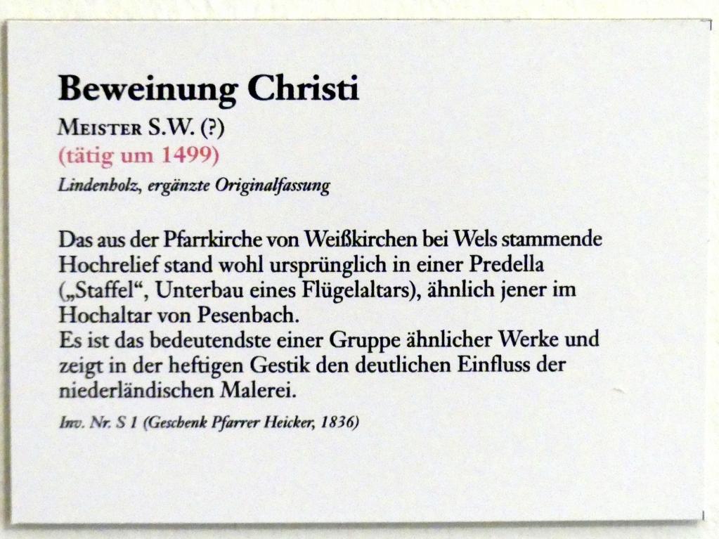 Meister SW (1495–1499), Beweinung Christi, Weißkirchen an der Traun, Pfarrkirche Mariä Himmelfahrt, jetzt Linz, Oberösterreichisches Landesmuseum, Blüte der Spätgotik, um 1499, Bild 2/2