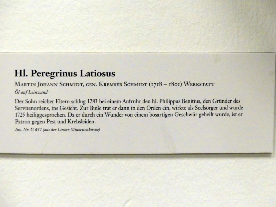 Martin Johann Schmidt (Kremser Schmidt) (Schüler) (1768–1783), Hl. Peregrinus Latiosus, Linz, Minoritenkirche (Landhauskirche), jetzt Linz, Oberösterreichisches Landesmuseum, Barocke Glaubenswelt, 1768, Bild 2/2