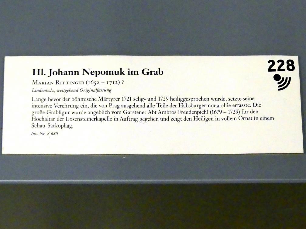 Marian Rittinger (1700), Hl. Johann Nepomuk im Grab, Losenstein, Pfarrkirche St. Blasius, jetzt Linz, Oberösterreichisches Landesmuseum, Barocke Glaubenswelt, Undatiert, Bild 2/2