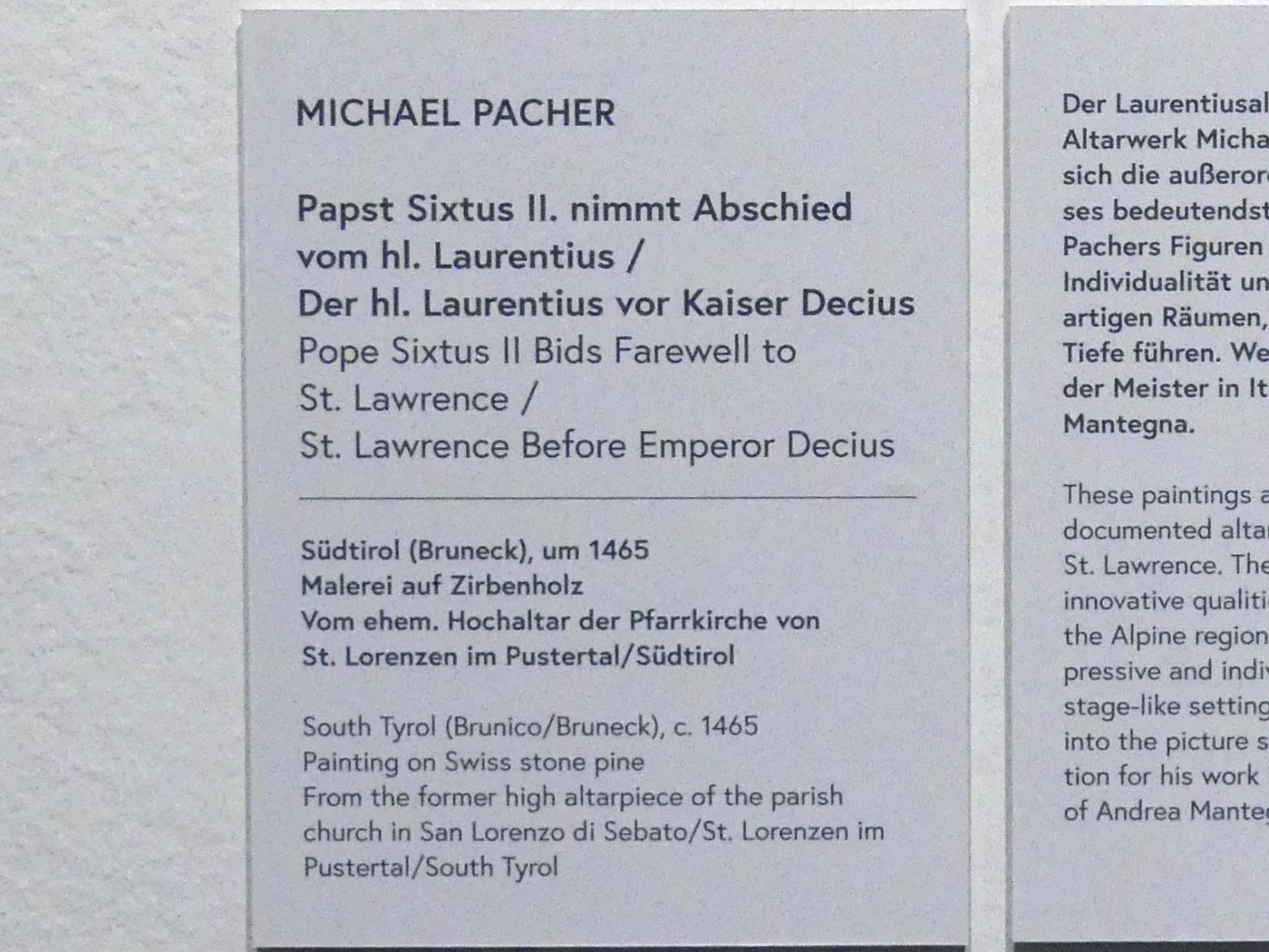 Michael Pacher (1461–1497), Papst Sixtus II. nimmt Abschied vom Hl. Laurentius, St. Lorenzen, Pfarrkirche St. Laurentius, jetzt Wien, Museum Oberes Belvedere, Saal 7, um 1465, Bild 2/3