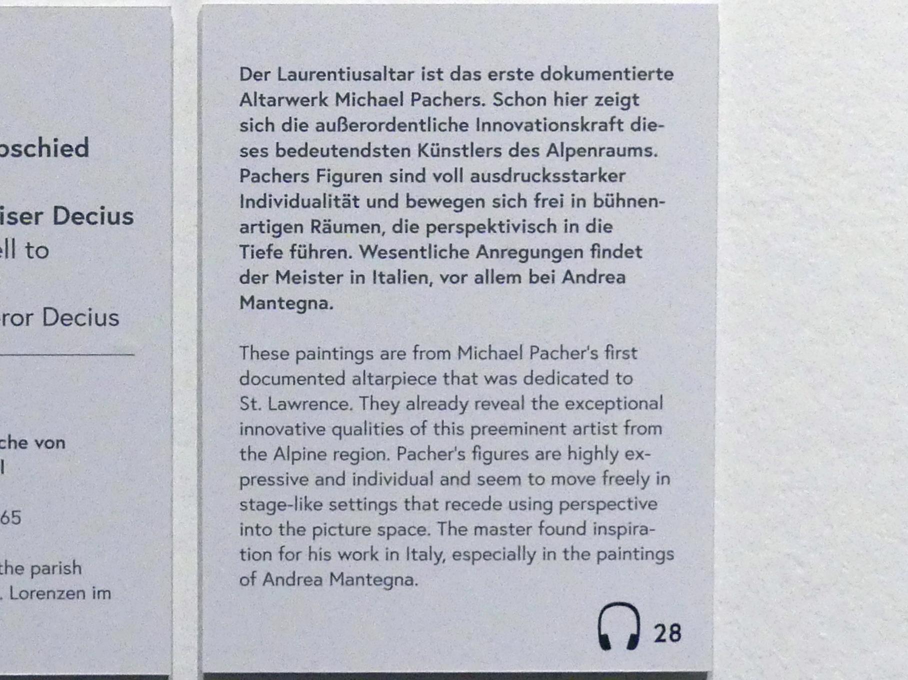 Michael Pacher (1461–1497), Papst Sixtus II. nimmt Abschied vom Hl. Laurentius, St. Lorenzen, Pfarrkirche St. Laurentius, jetzt Wien, Museum Oberes Belvedere, Saal 7, um 1465, Bild 3/3