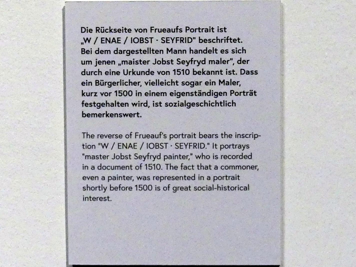 Rueland Frueauf der Ältere (1490–1501), Bildnis des Malers Jobst Seyfrid, Wien, Museum Oberes Belvedere, Saal 7, um 1490, Bild 3/3