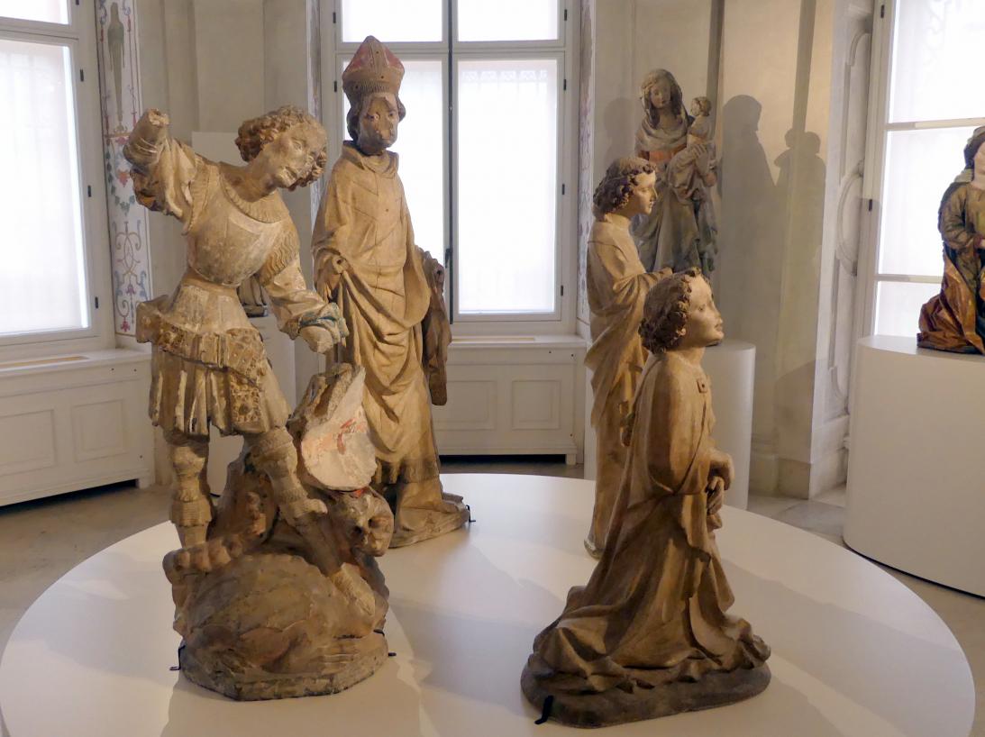 Meister von Großlobming (1395–1400), Kniender Engel einer Verkündigungsgruppe, Hl. Bischof, Hl. Johannes Evangelist, Hl. Georg mit dem Drachen, Großlobming, Pfarrkirche St. Lambert, jetzt Wien, Museum Oberes Belvedere, Saal 8, Ende 14. Jhd., Bild 4/9