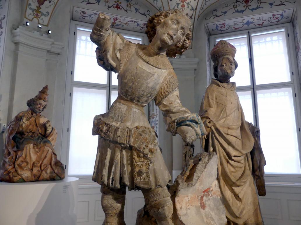 Meister von Großlobming (1395–1400), Kniender Engel einer Verkündigungsgruppe, Hl. Bischof, Hl. Johannes Evangelist, Hl. Georg mit dem Drachen, Großlobming, Pfarrkirche St. Lambert, jetzt Wien, Museum Oberes Belvedere, Saal 8, Ende 14. Jhd., Bild 5/9