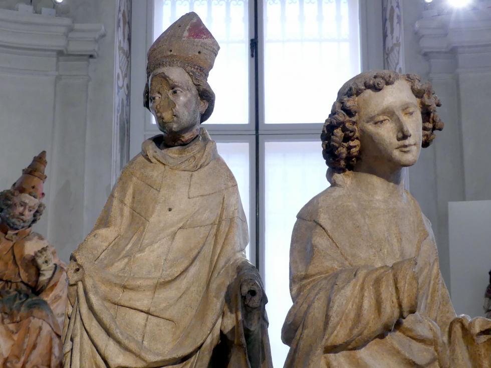 Meister von Großlobming (1395–1400), Kniender Engel einer Verkündigungsgruppe, Hl. Bischof, Hl. Johannes Evangelist, Hl. Georg mit dem Drachen, Großlobming, Pfarrkirche St. Lambert, jetzt Wien, Museum Oberes Belvedere, Saal 8, Ende 14. Jhd., Bild 6/9