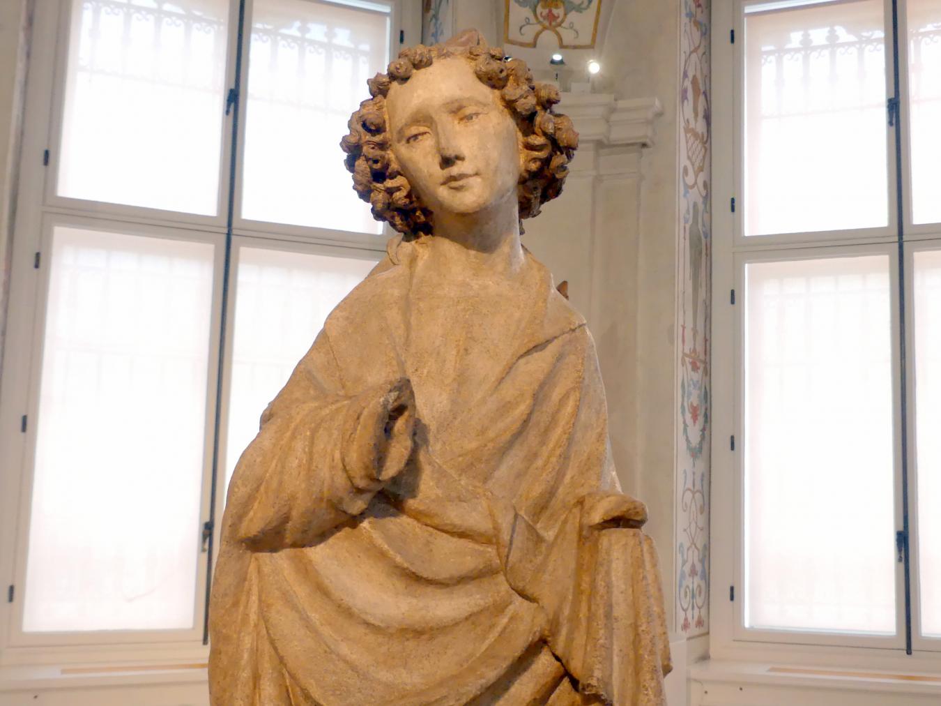 Meister von Großlobming (1395–1400), Kniender Engel einer Verkündigungsgruppe, Hl. Bischof, Hl. Johannes Evangelist, Hl. Georg mit dem Drachen, Großlobming, Pfarrkirche St. Lambert, jetzt Wien, Museum Oberes Belvedere, Saal 8, Ende 14. Jhd., Bild 7/9