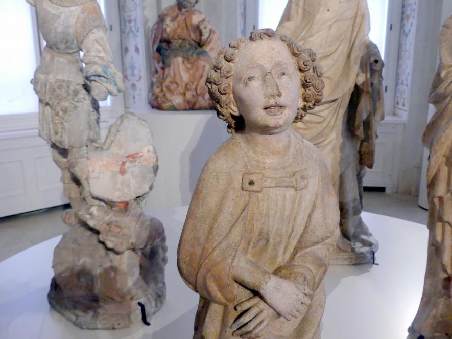 Meister von Großlobming (1395–1400), Kniender Engel einer Verkündigungsgruppe, Hl. Bischof, Hl. Johannes Evangelist, Hl. Georg mit dem Drachen, Großlobming, Pfarrkirche St. Lambert, jetzt Wien, Museum Oberes Belvedere, Saal 8, Ende 14. Jhd., Bild 8/9