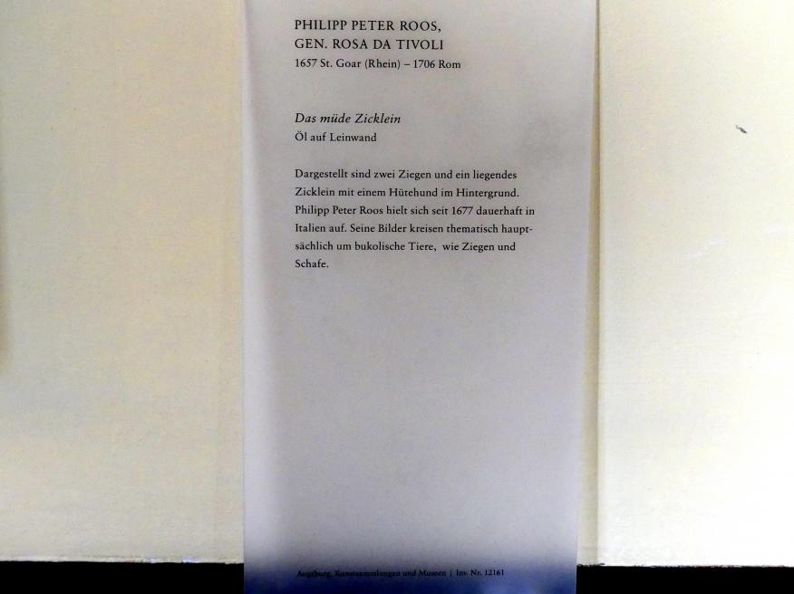 Philipp Peter Roos (Rosa da Tivoli) (1690–1700), Das müde Zicklein, Augsburg, Deutsche Barockgalerie im Schaezlerpalais, Saal 13 - Genre und Tierstück, Undatiert, Bild 2/2
