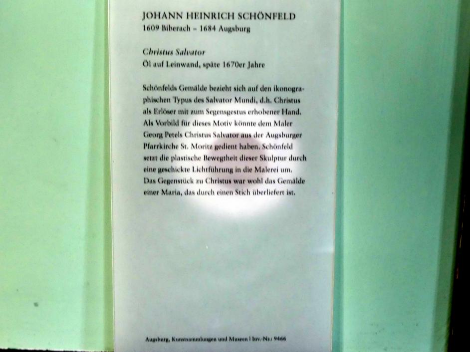 Johann Heinrich Schönfeld (1634–1677), Christus Salvator, Augsburg, Deutsche Barockgalerie im Schaezlerpalais, Saal 14 - Johann Heinrich Schönfeld, um 1675–1680, Bild 2/2