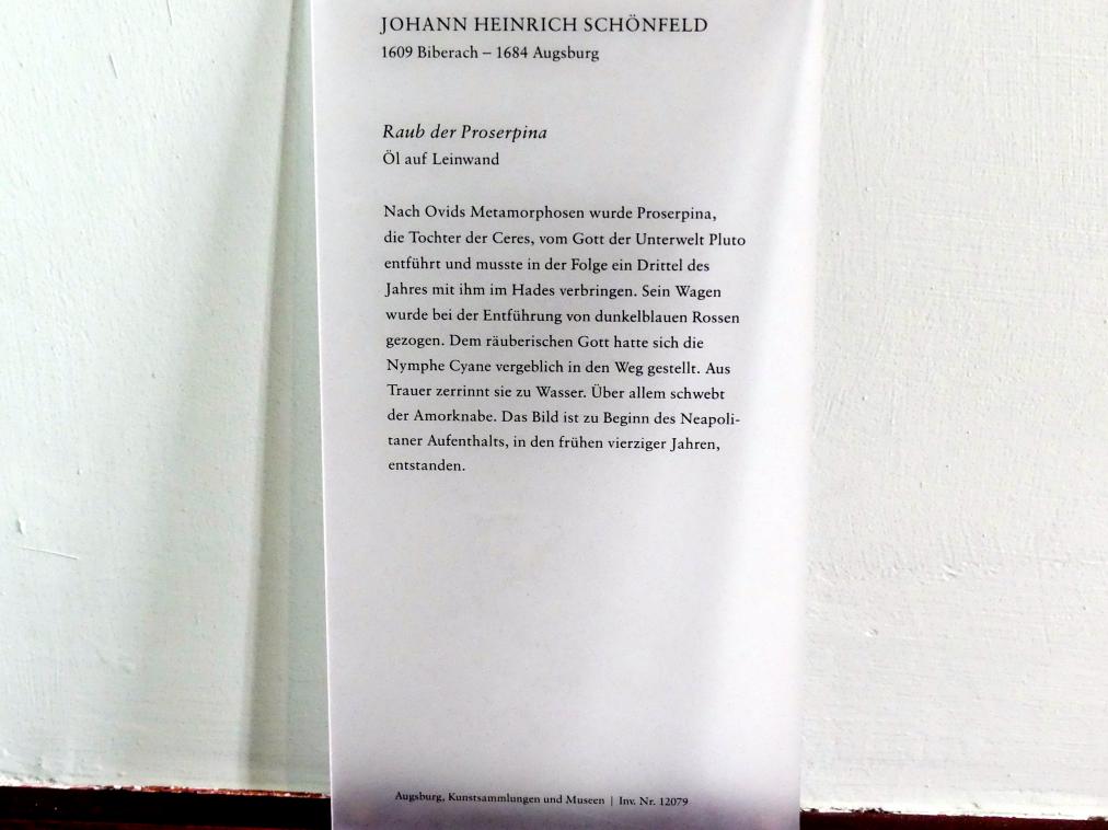 Johann Heinrich Schönfeld (1634–1677), Raub der Proserpina, Augsburg, Deutsche Barockgalerie im Schaezlerpalais, Saal 14 - Johann Heinrich Schönfeld, um 1640–1645, Bild 2/2