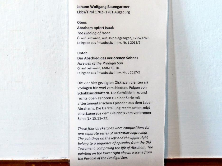 Johann Wolfgang Baumgartner (1739–1758), Abraham opfert Isaak, Augsburg, Deutsche Barockgalerie im Schaezlerpalais, Saal 17 - Augsburger Akademiemalerei, 1755–1760, Bild 2/2