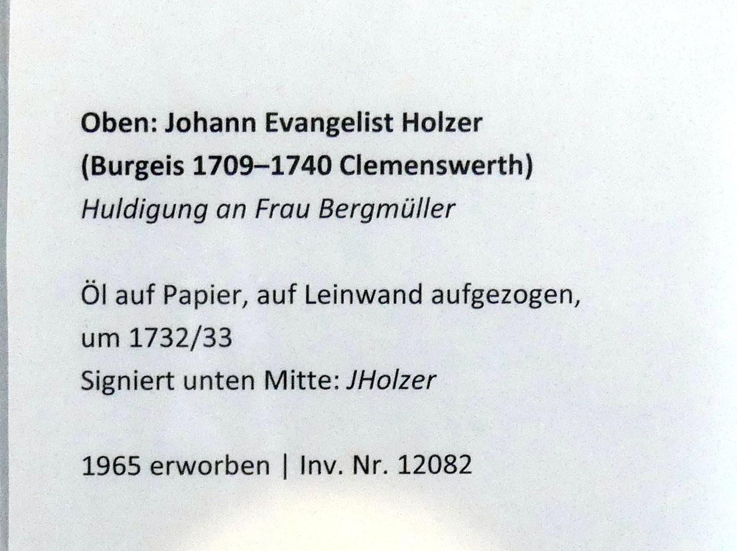 Johann Evangelist Holzer (1727–1739), Huldigung an Frau Bergmüller, Augsburg, Deutsche Barockgalerie im Schaezlerpalais, Saal 17 - Augsburger Akademiemalerei, um 1732–1733, Bild 2/2