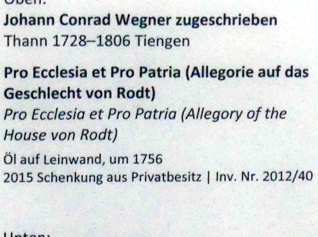 Johann Conrad Wegner (1756), Pro Ecclesia et Pro Patria (Allegorie auf das Geschlecht von Rodt), Augsburg, Deutsche Barockgalerie im Schaezlerpalais, Saal 20 - Entwürfe für Deckenfresken, um 1756, Bild 2/2