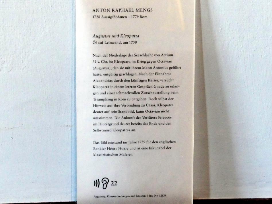 Anton Raphael Mengs (1744–1777), Augustus und Kleopatra, Augsburg, Deutsche Barockgalerie im Schaezlerpalais, Saal 22 - Spätbarock und Klassizismus, 1759, Bild 2/2