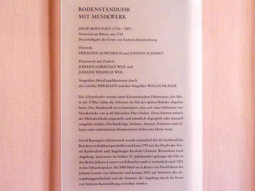 David Roentgen (1785), Bodenstanduhr mit Musikwerk, Augsburg, Deutsche Barockgalerie im Schaezlerpalais, Saal 23 - Stillleben, um 1785, Bild 3/3
