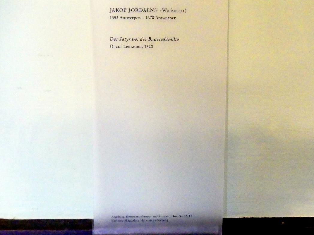 Jacob Jordaens (Werkstatt) (1620), Der Satyr bei der Bauernfamilie, Augsburg, Deutsche Barockgalerie im Schaezlerpalais, Saal 27 - Haberstock-Stiftung: Malerie des 16. bis 20. Jahrhunderts, 1620, Bild 2/2