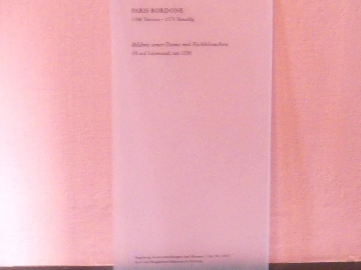 Paris Bordone (1523–1560), Bildnis einer Dame mit Eichhörnchen, Augsburg, Deutsche Barockgalerie im Schaezlerpalais, Saal 28 - Haberstock-Stiftung: Malerie des 16. bis 20. Jahrhunderts, 1550, Bild 2/2