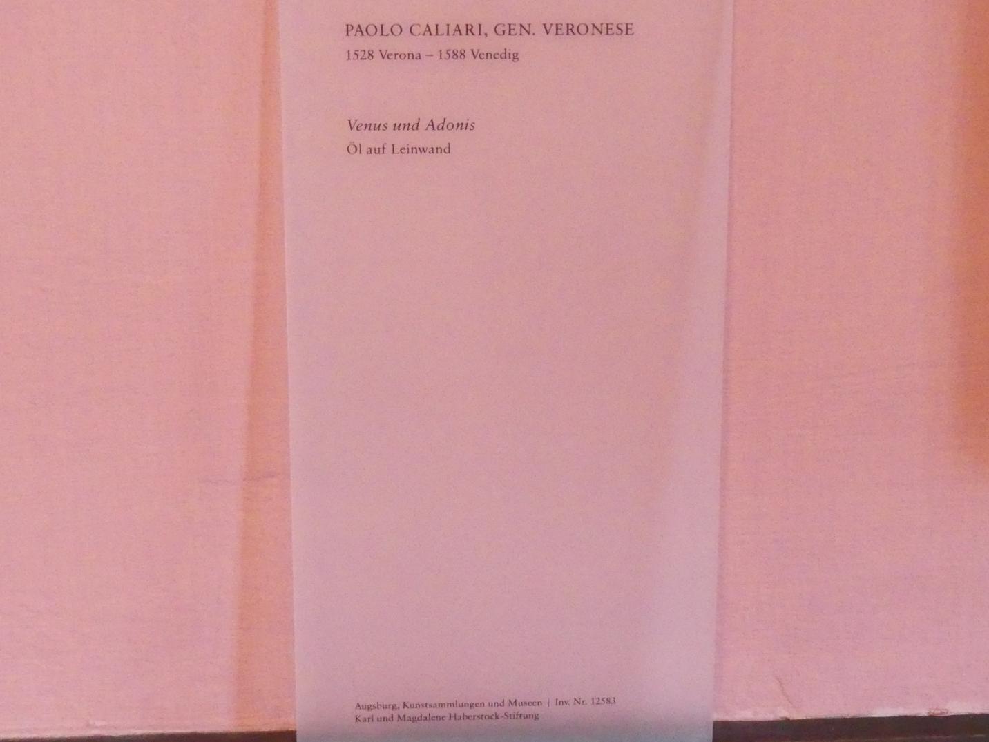 Paolo Caliari (Veronese) (1547–1587), Venus und Adonis, Augsburg, Deutsche Barockgalerie im Schaezlerpalais, Saal 28 - Haberstock-Stiftung: Malerie des 16. bis 20. Jahrhunderts, Undatiert, Bild 2/2
