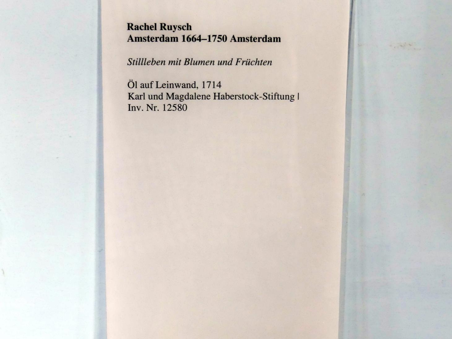 Rachel Ruysch (1682–1716), Stillleben mit Blumen und Früchten, Augsburg, Deutsche Barockgalerie im Schaezlerpalais, Saal 29 - Haberstock-Stiftung: Malerie des 16. bis 20. Jahrhunderts, 1714, Bild 2/2