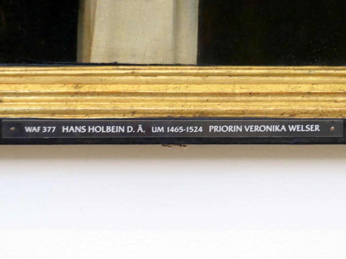 Hans Holbein der Ältere (1493–1520), Bildnis der Priorin Veronika Welser, Augsburg, ehem. Dominikanerinnenkloster St. Katharina (Kirche 1830 zerstört), jetzt Augsburg, Staatsgalerie in der ehem. Katharinenkirche, Saal 3, um 1504, Bild 2/3