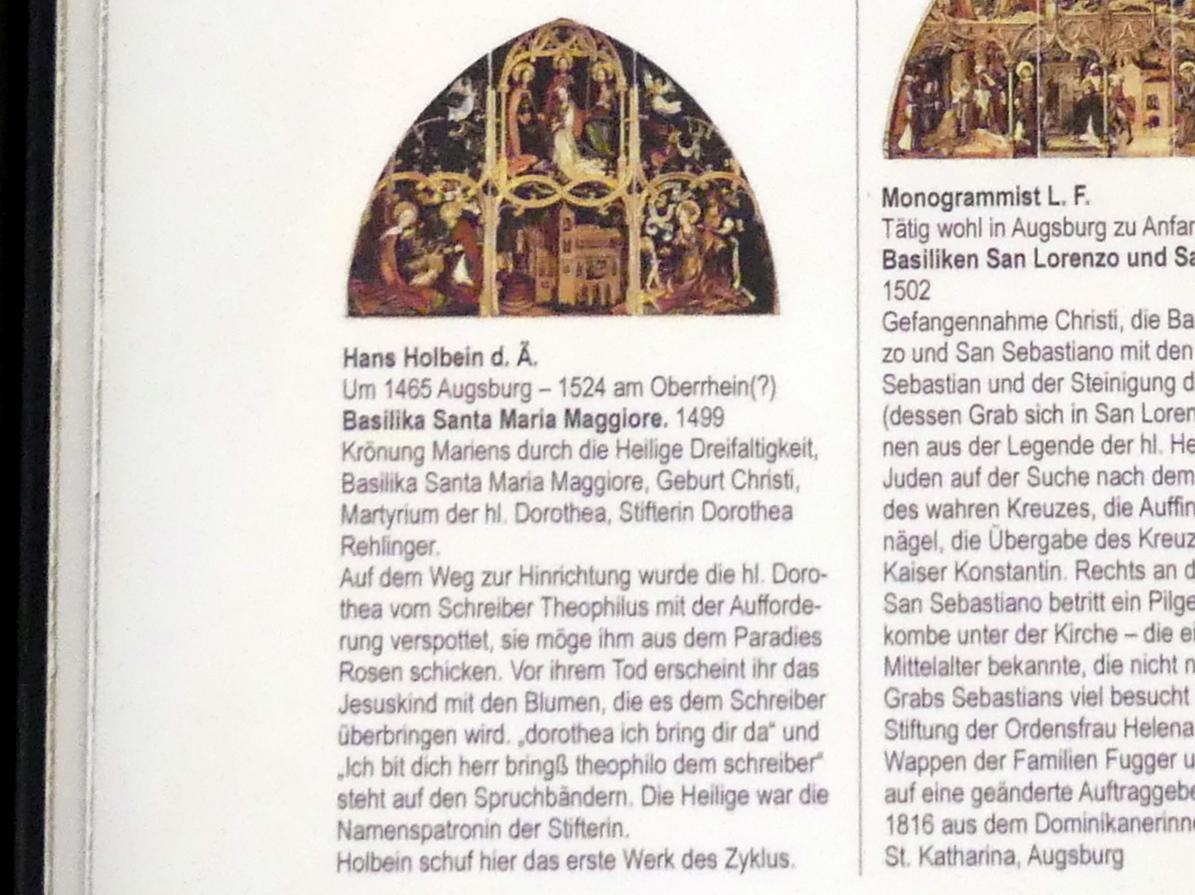 Hans Holbein der Ältere (1493–1520), Basilika Santa Maria Maggiore, Augsburg, ehem. Dominikanerinnenkloster St. Katharina (Kirche 1830 zerstört), jetzt Augsburg, Staatsgalerie in der ehem. Katharinenkirche, Saal 3, 1499, Bild 3/3