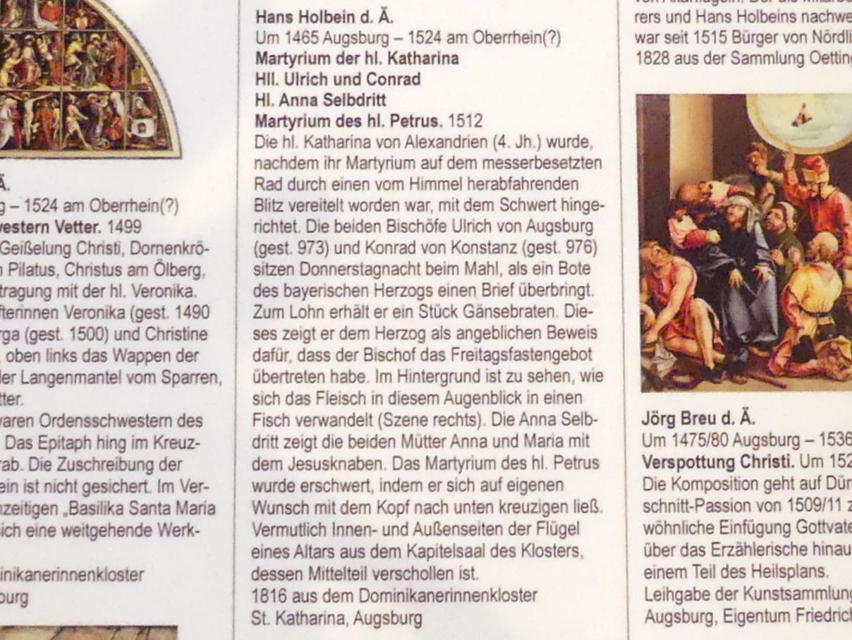 Hans Holbein der Ältere (1493–1520), Hll. Ulrich und Conrad, Augsburg, ehem. Dominikanerinnenkloster St. Katharina (Kirche 1830 zerstört), jetzt Augsburg, Staatsgalerie in der ehem. Katharinenkirche, Saal 4, 1512, Bild 3/3
