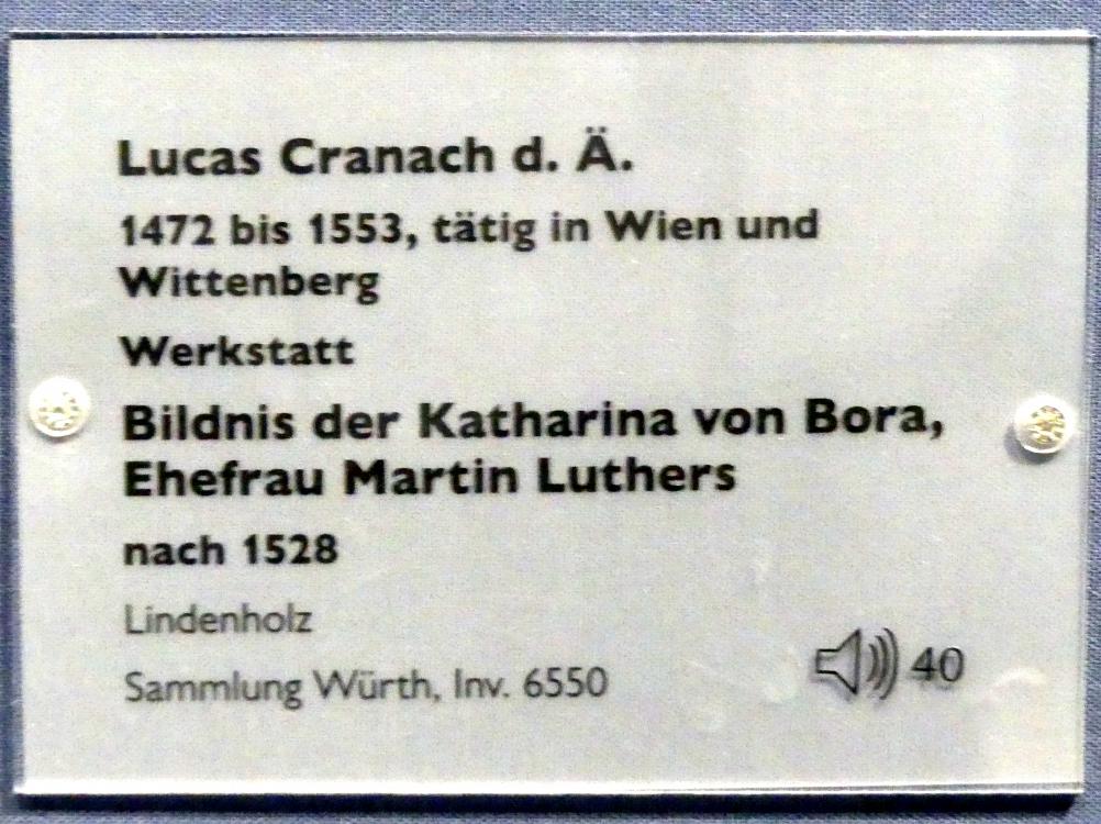 Lucas Cranach der Ältere (Werkstatt) (1515–1550), Bildnis der Katharina von Bora, Ehefrau Martin Luthers, Schwäbisch Hall, Johanniterkirche, Alte Meister in der Sammlung Würth, nach 1528, Bild 2/2