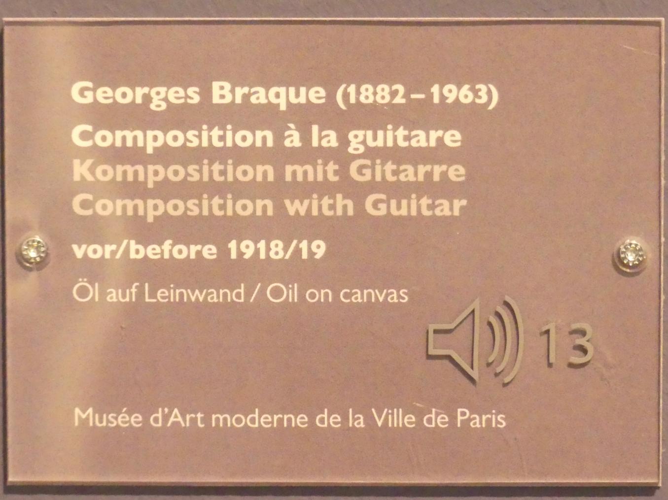 Georges Braque (1906–1956), Komposition mit Gitarre, Schwäbisch Hall, Kunsthalle Würth, Ausstellung "Das Musée d'Art moderne de la Ville de Paris zu Gast in der Kunsthalle Würth" vom 15.04.-15.09.2019, um 1918–1919, Bild 2/2