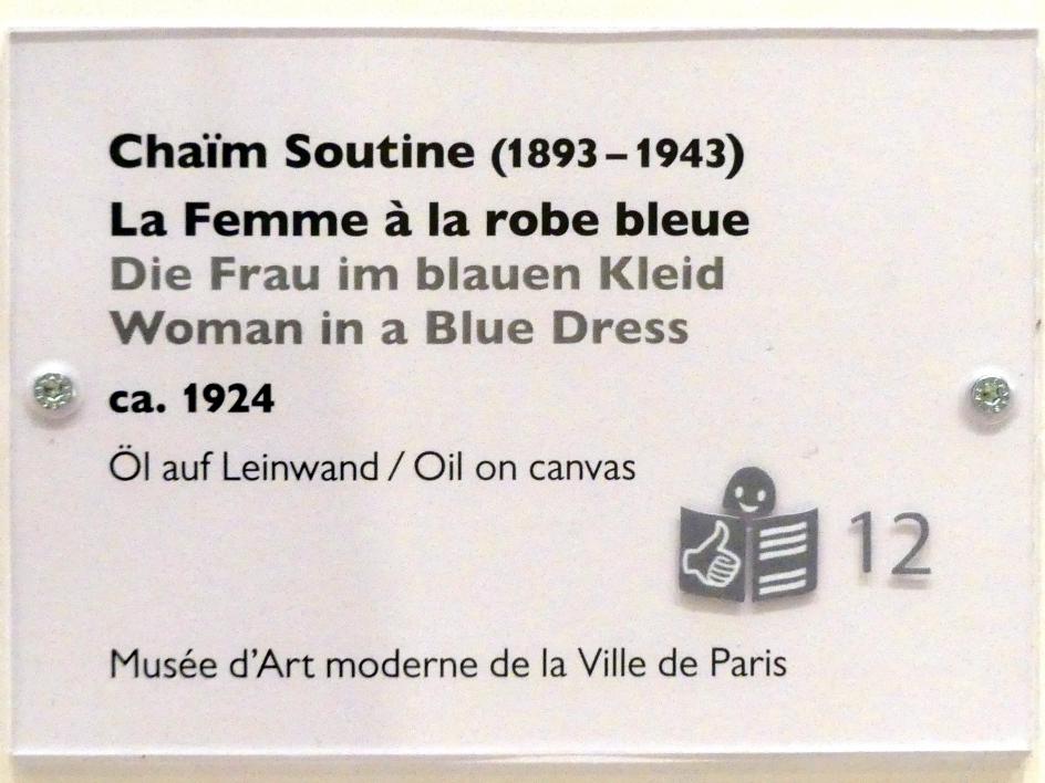 Chaïm Soutine (1919–1924), Die Frau im blauen Kleid, Schwäbisch Hall, Kunsthalle Würth, Ausstellung "Das Musée d'Art moderne de la Ville de Paris zu Gast in der Kunsthalle Würth" vom 15.04.-15.09.2019, um 1924, Bild 2/2