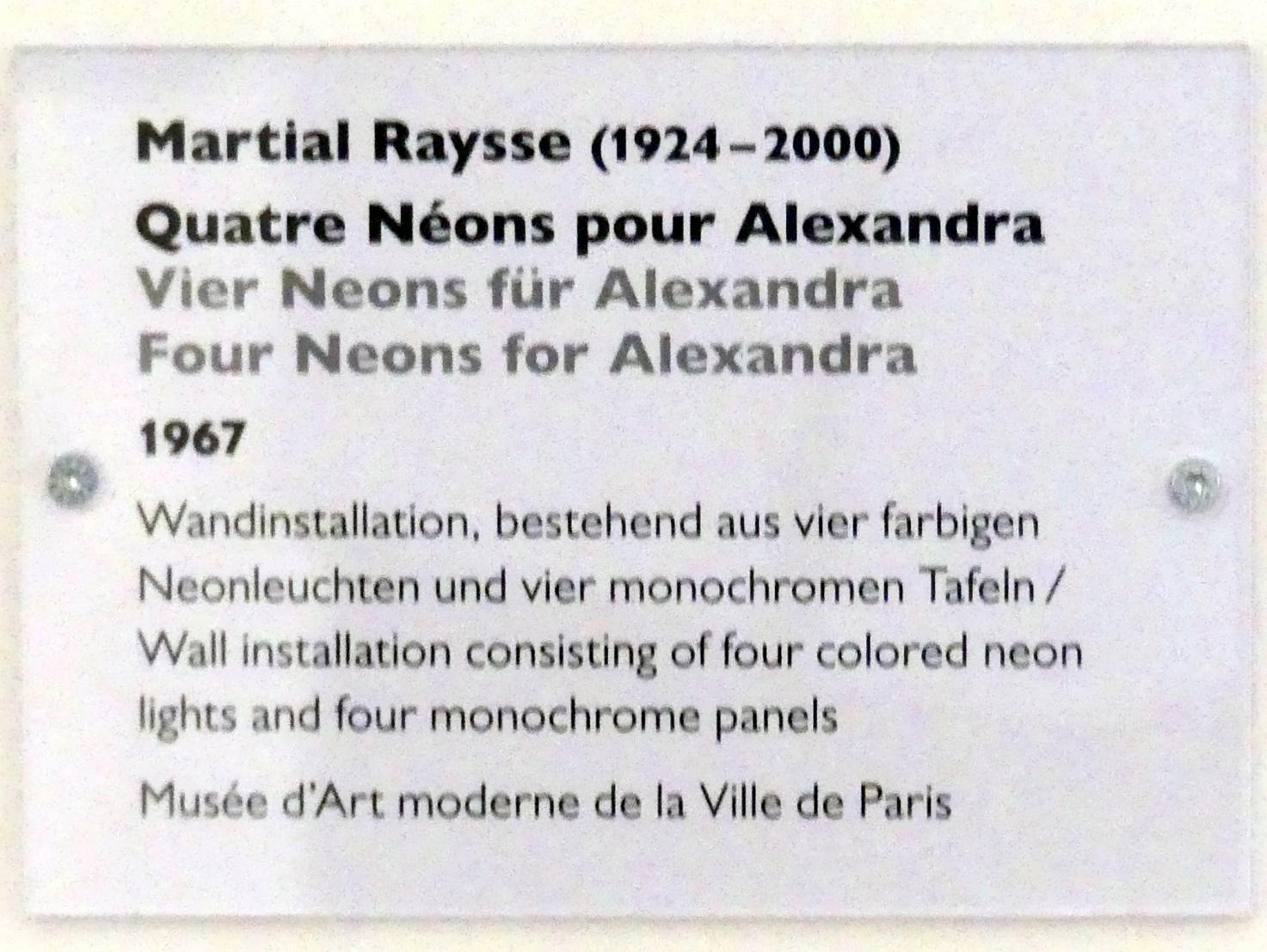 Martial Raysse (1959–1967), Vier Neons für Alexandra, Schwäbisch Hall, Kunsthalle Würth, Ausstellung "Das Musée d'Art moderne de la Ville de Paris zu Gast in der Kunsthalle Würth" vom 15.04.-15.09.2019, 1967, Bild 2/2
