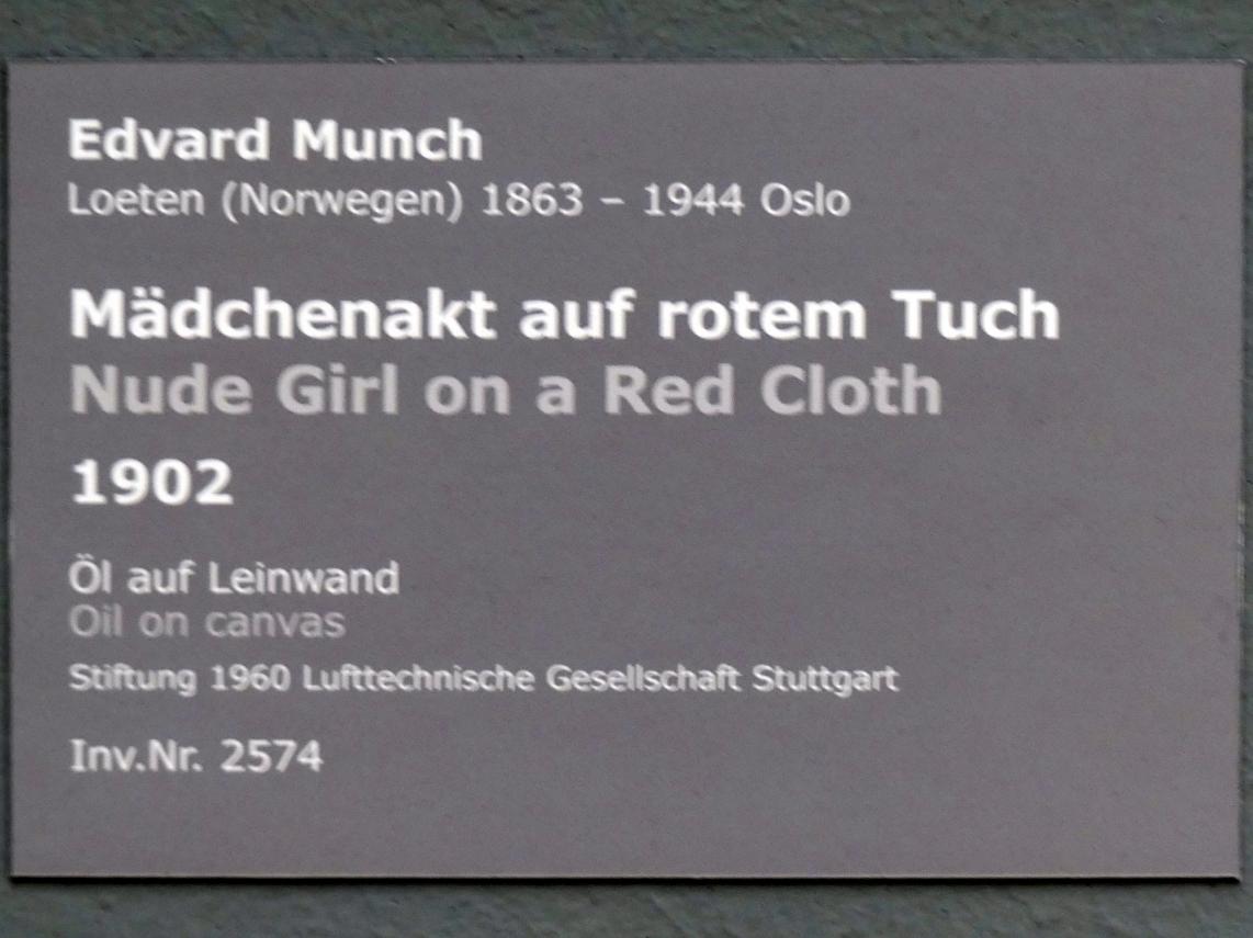Edvard Munch (1888–1925), Mädchenakt auf rotem Tuch, Stuttgart, Staatsgalerie, Internationale Malerei und Skulptur 1, 1902, Bild 2/2