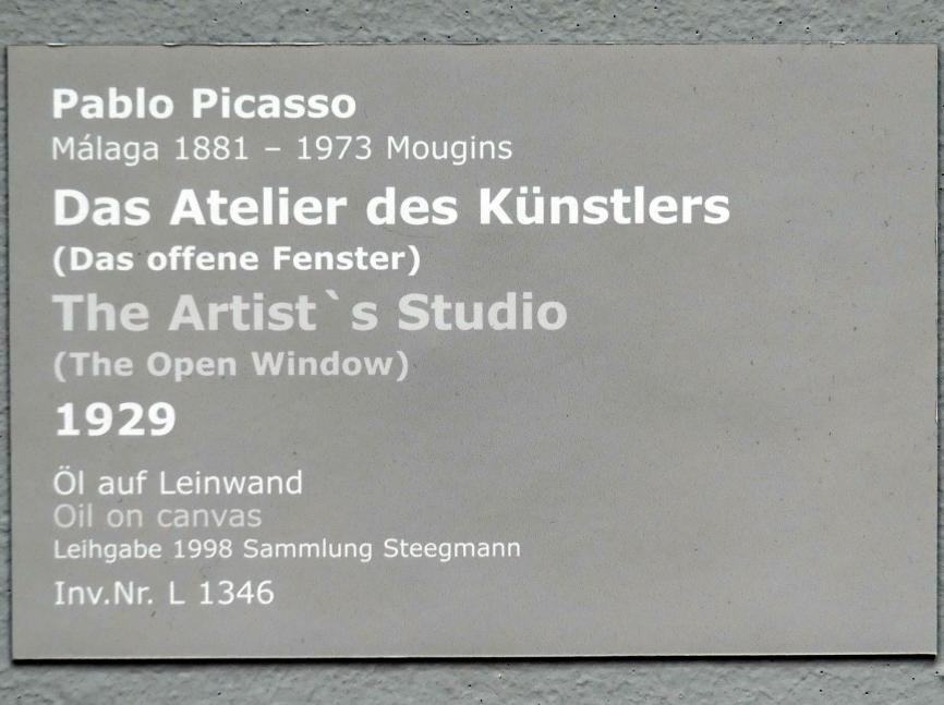 Pablo Picasso (1897–1972), Das Atelier des Künstlers (Das offene Fenster), Stuttgart, Staatsgalerie, Internationale Malerei und Skulptur 4, 1929, Bild 2/2