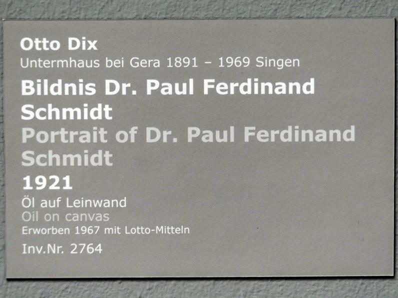Otto Dix (1913–1949), Bildnis Dr. Paul Ferdinand Schmidt, Stuttgart, Staatsgalerie, Internationale Malerei und Skulptur 7, 1921, Bild 2/2