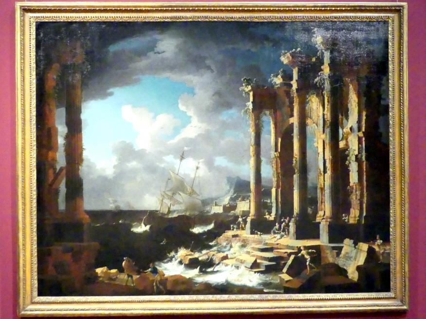 Leonardo Coccorante: Ein vom Kentern bedrohtes Schiff in einem Sturm vor einer Küstenlandschaft mit antiken Ruinen, um 1740