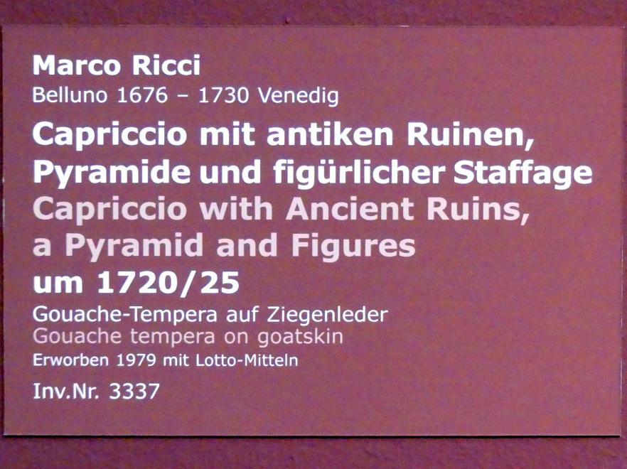 Marco Ricci (1717–1722), Capriccio mit antiken Ruinen, Pyramide und figürlicher Staffage, Stuttgart, Staatsgalerie, Italienische Malerei 3, um 1720–1725, Bild 2/2
