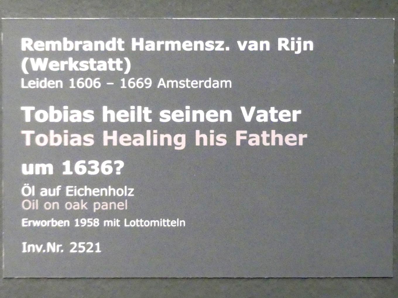 Rembrandt (Werkstatt) (1632–1660), Tobias heilt seinen Vater, Stuttgart, Staatsgalerie, Niederländische Malerei 3, um 1636, Bild 2/2