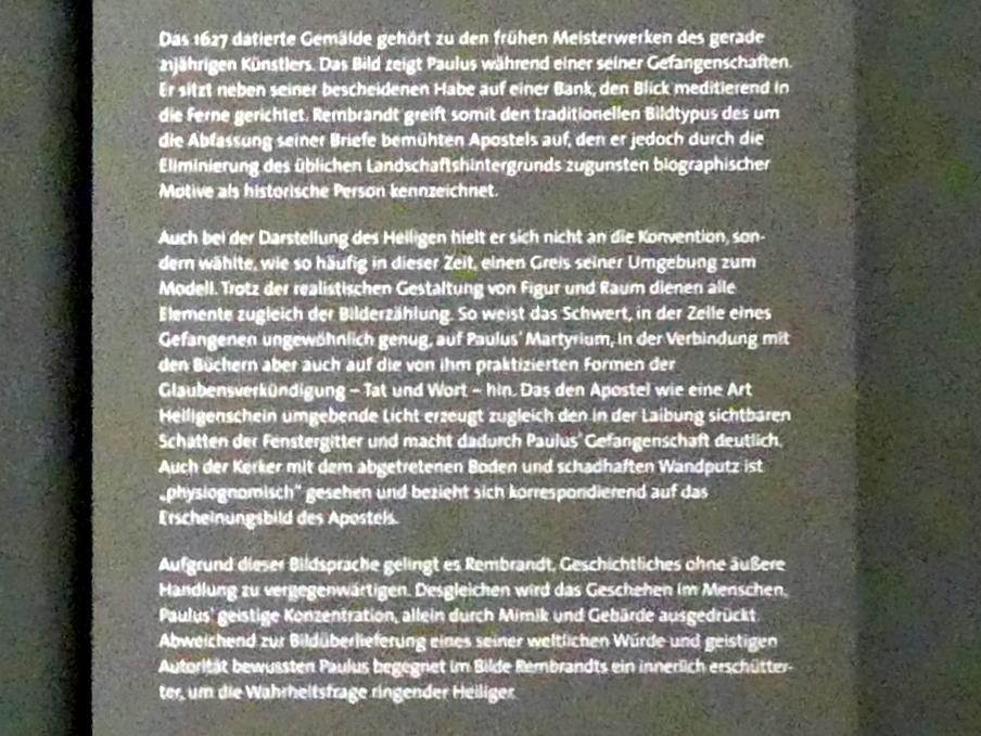 Rembrandt (Rembrandt Harmenszoon van Rijn) (1627–1669), Paulus im Gefängnis, Stuttgart, Staatsgalerie, Niederländische Malerei 3, 1627, Bild 3/3