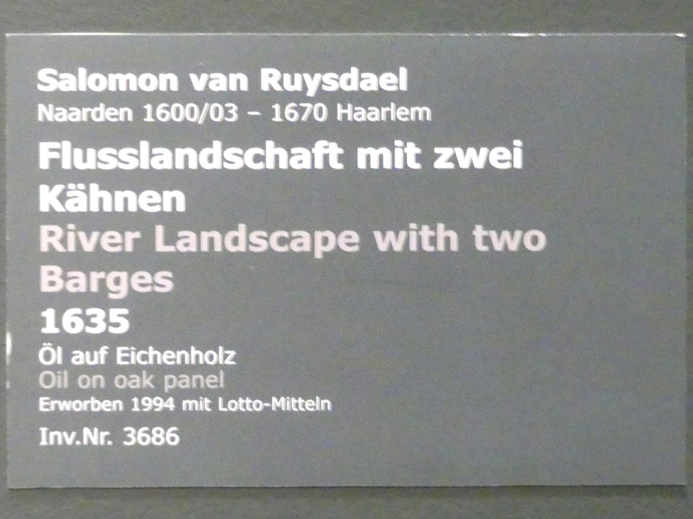 Salomon van Ruysdael (1631–1665), Flusslandschaft mit zwei Kähnen, Stuttgart, Staatsgalerie, Niederländische Malerei 3, 1635, Bild 2/2