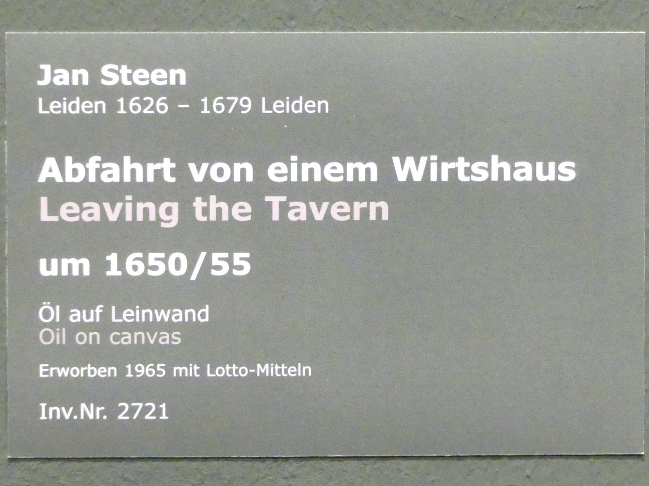 Jan Havickszoon Steen (1650–1678), Abfahrt von einem Wirtshaus, Stuttgart, Staatsgalerie, Niederländische Malerei 4, um 1650–1655, Bild 2/2