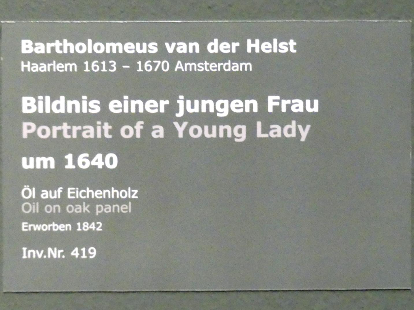Bartholomeus van der Helst (1640–1669), Bildnis einer jungen Frau, Stuttgart, Staatsgalerie, Niederländische Malerei 4, um 1640, Bild 2/2