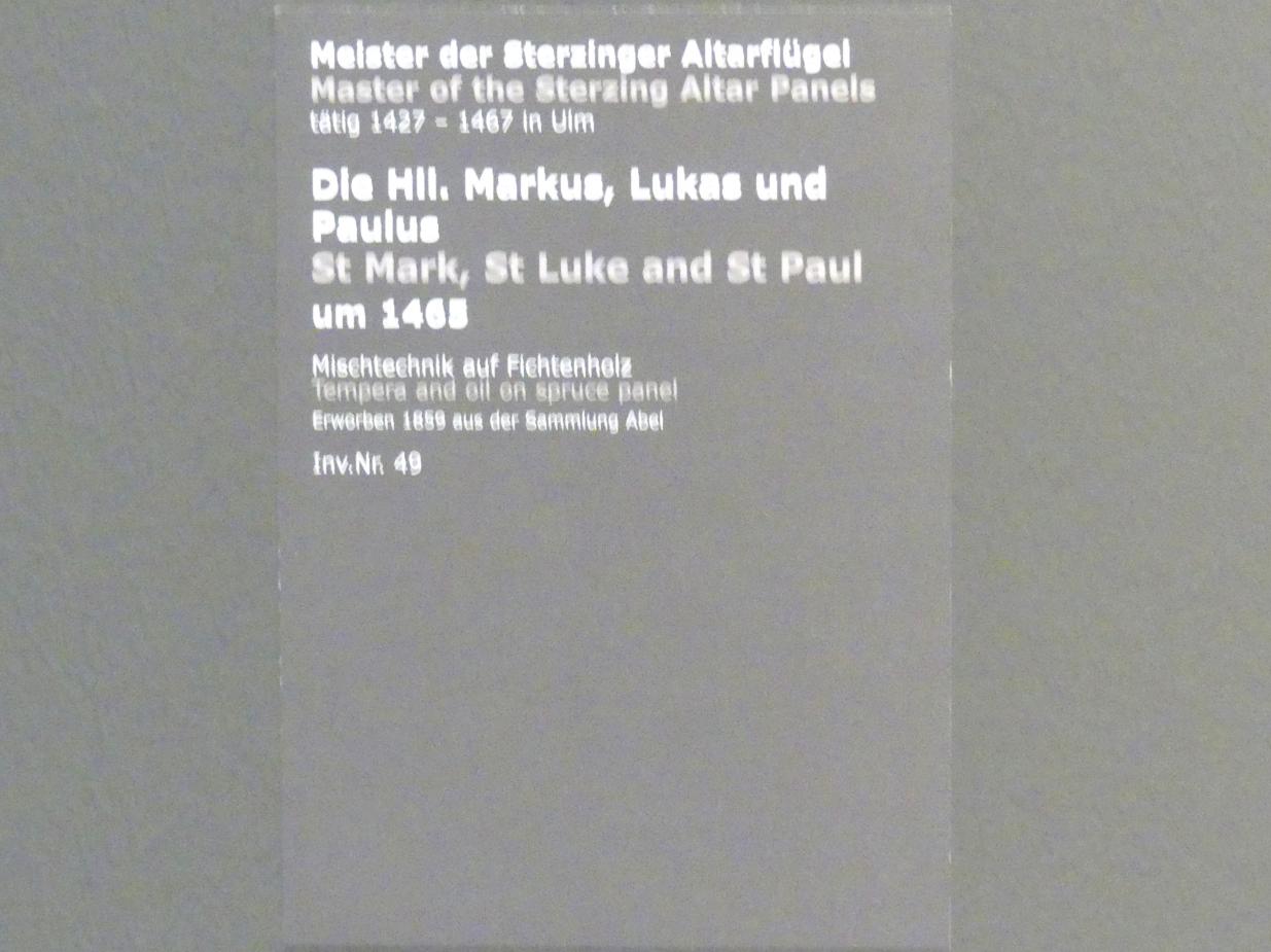 Meister der Sterzinger Altarflügel (1452–1465), Die Hll. Markus, Lukas und Paulus, Stuttgart, Staatsgalerie, Altdeutsche Malerei 2, um 1465, Bild 2/2