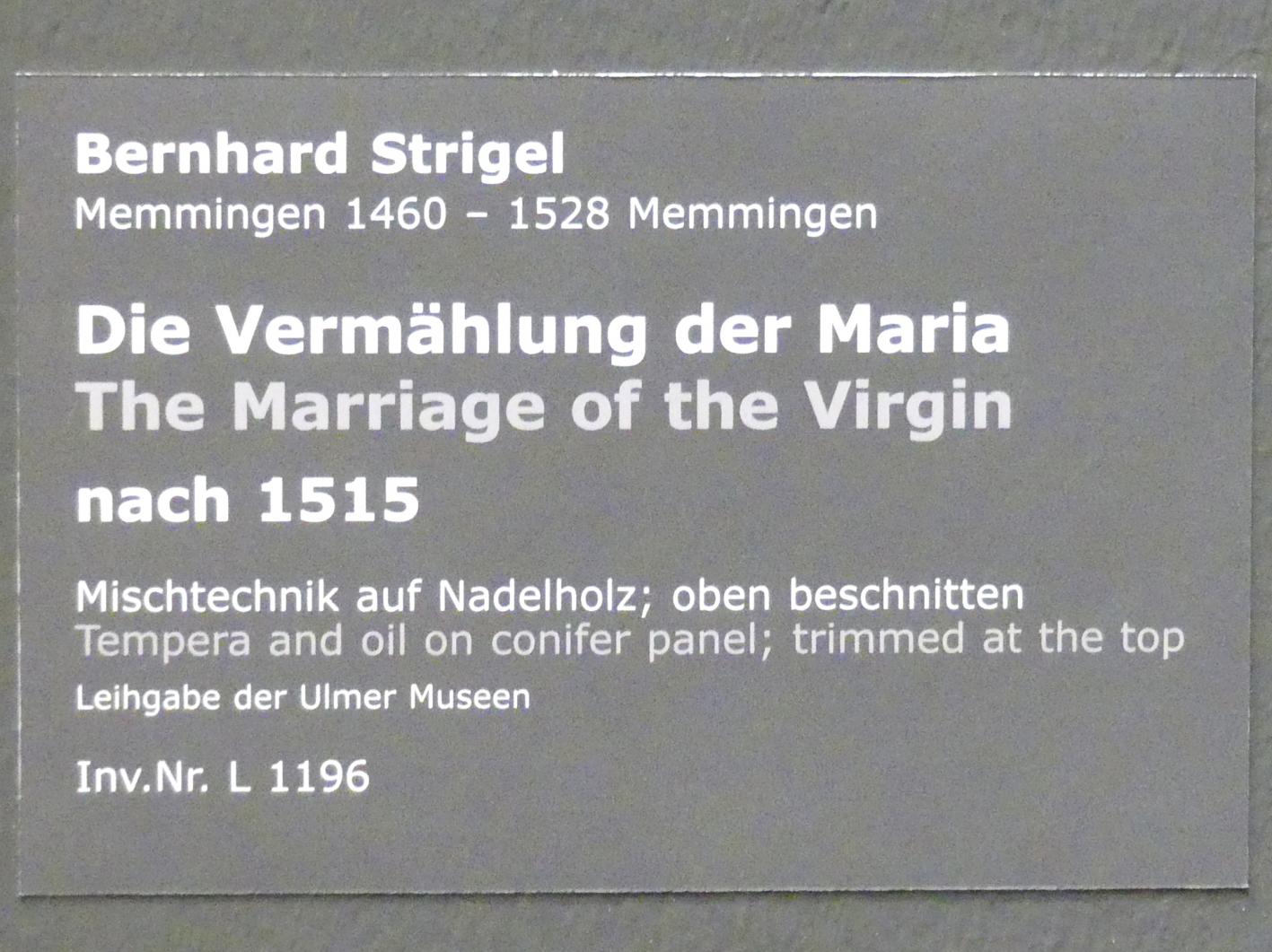 Bernhard Strigel (1475–1528), Die Vermählung der Maria, Stuttgart, Staatsgalerie, Altdeutsche Malerei 3, nach 1515, Bild 2/2