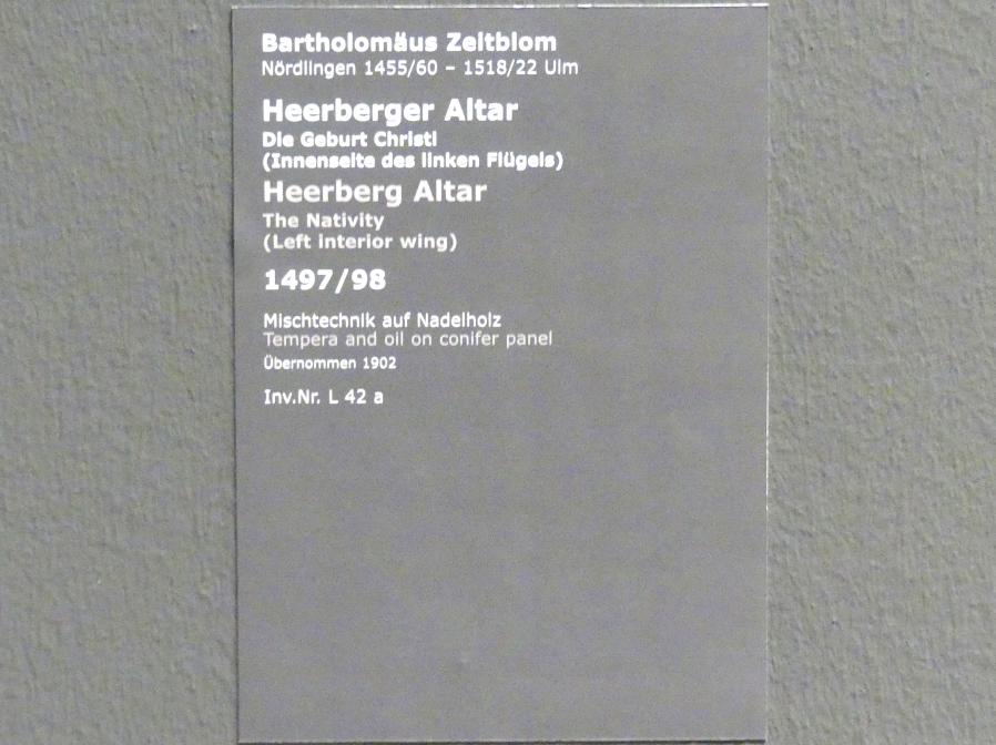 Bartholomäus Zeitblom (1485–1511), Heerberger Altar - Die Geburt Christi, Stuttgart, Staatsgalerie, Altdeutsche Malerei 3, 1497–1498, Bild 2/2