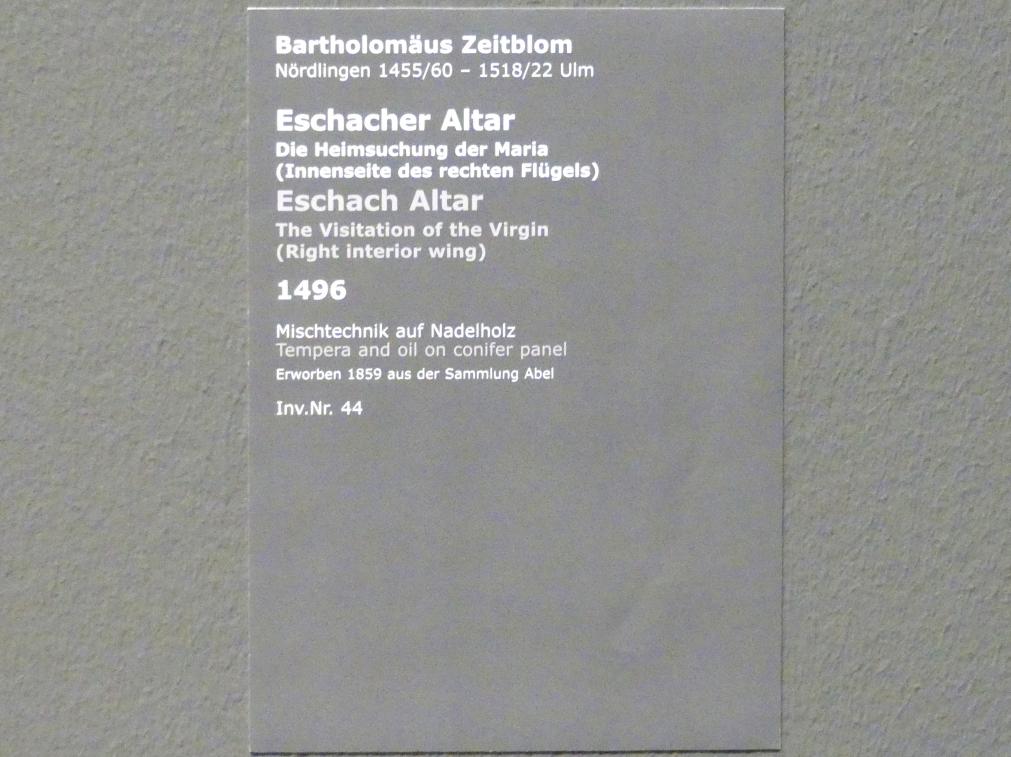 Bartholomäus Zeitblom (1485–1511), Eschacher Altar - Die Heimsuchung der Maria, Stuttgart, Staatsgalerie, Altdeutsche Malerei 3, 1496, Bild 2/2