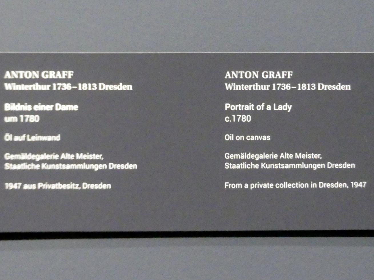 Anton Graff (1761–1807), Bildnis einer Dame, Dresden, Gemäldegalerie Alte Meister, Ausstellung "Anton Graff (1736–1813) – Porträts" vom 13.03.-16.06.2019, um 1780, Bild 2/2
