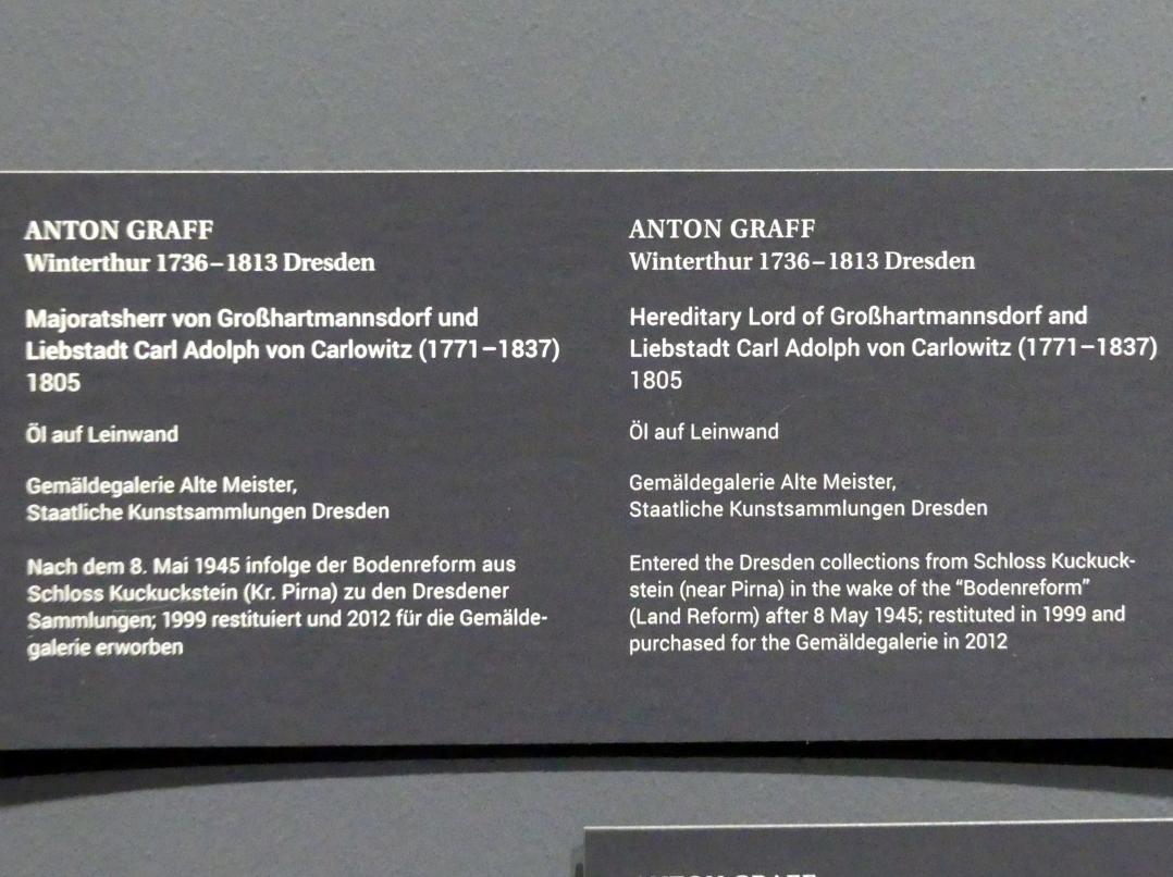 Anton Graff (1761–1807), Majoratsherr von Großhartmannsdorf und Liebstadt Carl Adolph von Carlowitz (1771-1837), Dresden, Gemäldegalerie Alte Meister, Ausstellung "Anton Graff (1736–1813) – Porträts" vom 13.03.-16.06.2019, 1805, Bild 2/2