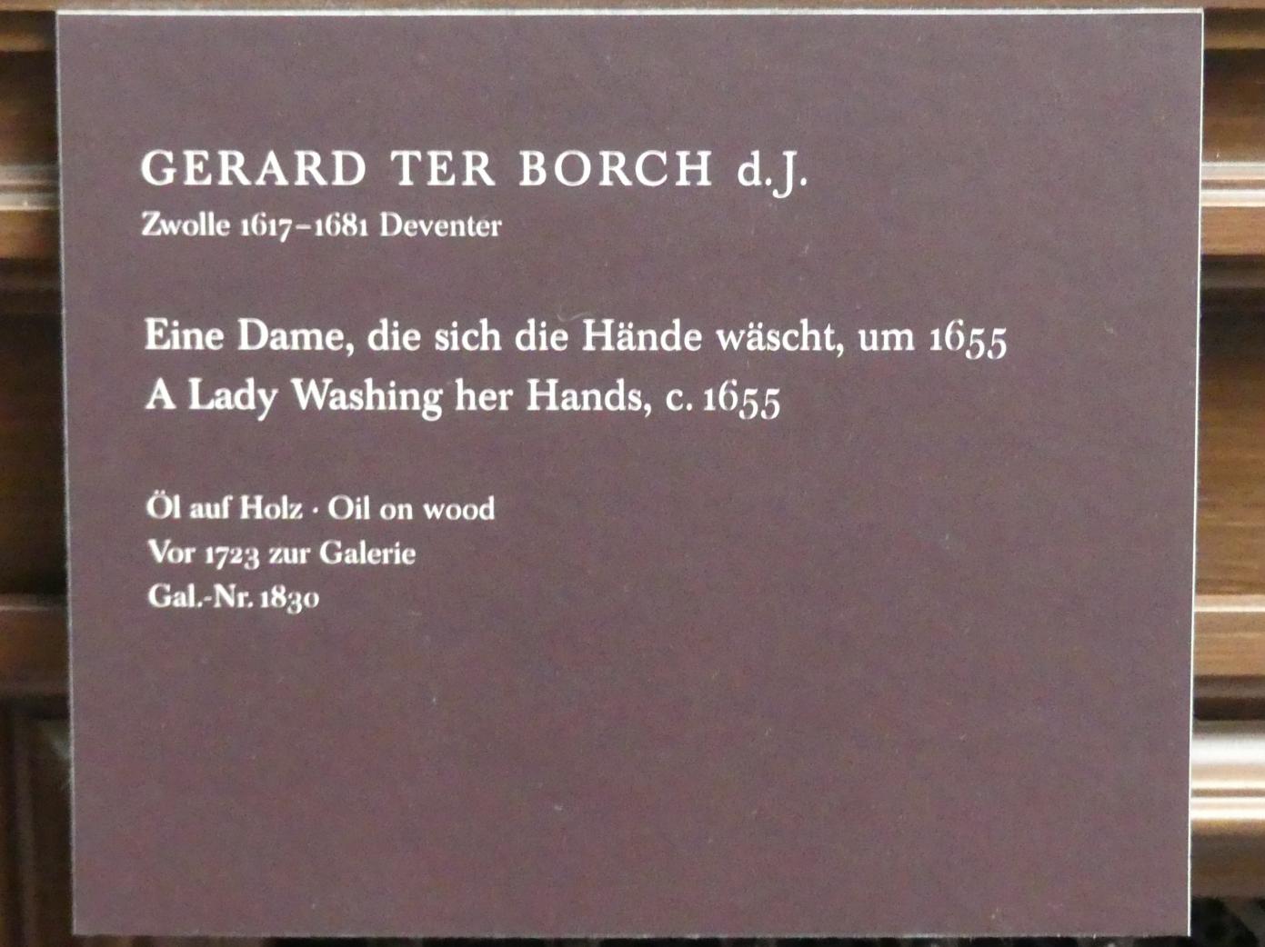 Gerard ter Borch (1635–1675), Eine Dame, die sich die Hände wäscht, Dresden, Gemäldegalerie Alte Meister, 2. OG: Niederländische Genremalerei, um 1655, Bild 2/2