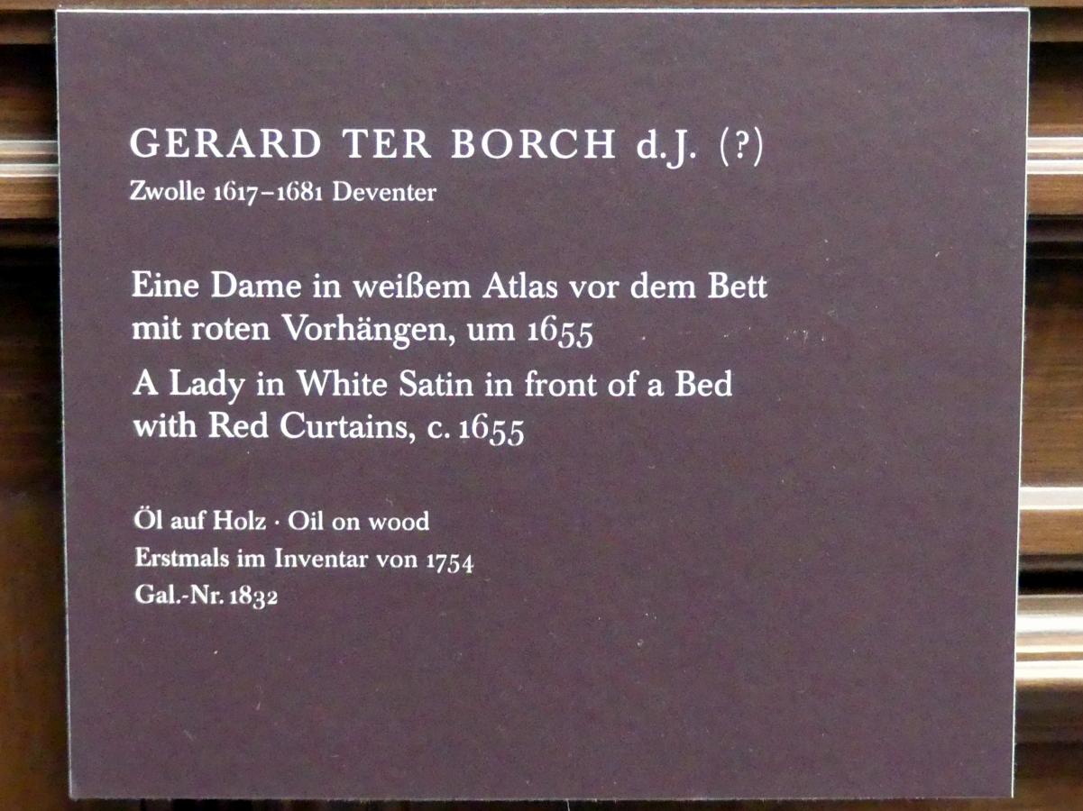 Gerard ter Borch (1635–1675), Eine Dame in weißem Atlas vor dem Bett mit roten Vorhängen, Dresden, Gemäldegalerie Alte Meister, 2. OG: Niederländische Genremalerei, um 1655, Bild 2/2