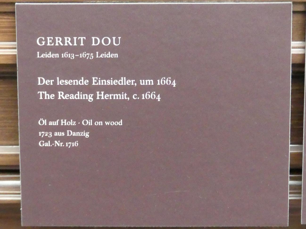 Gerard Dou (Gerrit Dou) (1629–1672), Der lesende Einsiedler, Dresden, Gemäldegalerie Alte Meister, 2. OG: Niederländische Genremalerei, um 1664, Bild 2/2